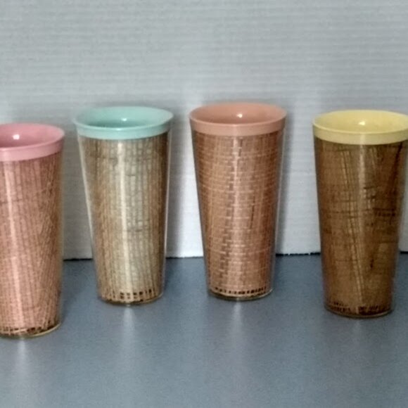 Set Of 4 Vintage Raffiawear Rattan Burlap Thermo-temp Tumblers SEE DESCRIPTION - Picture 2 of 9